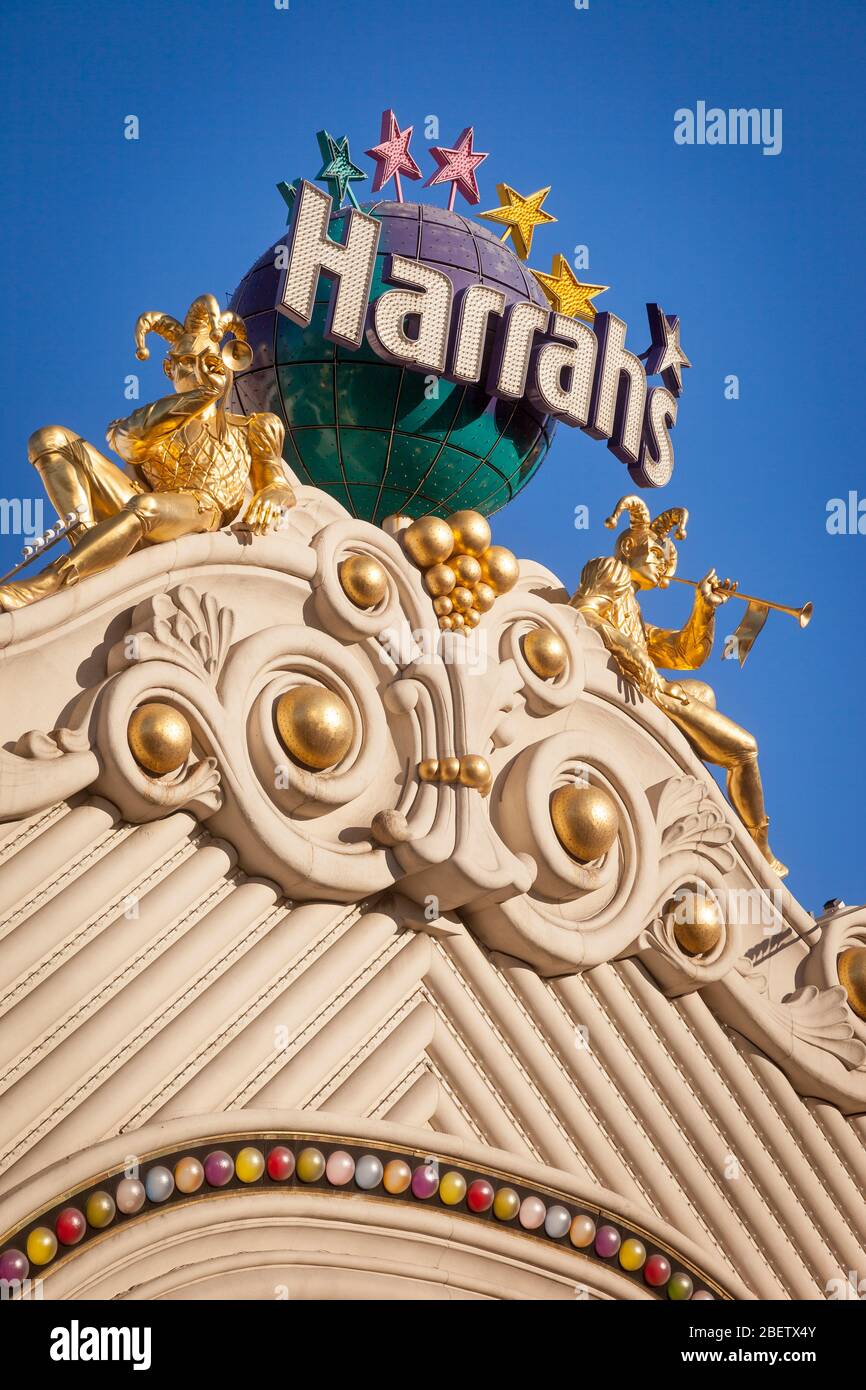 Harrahs Schild auf ihrem Casino auf dem Strip, Las Vegas, Nevada, USA Stockfoto