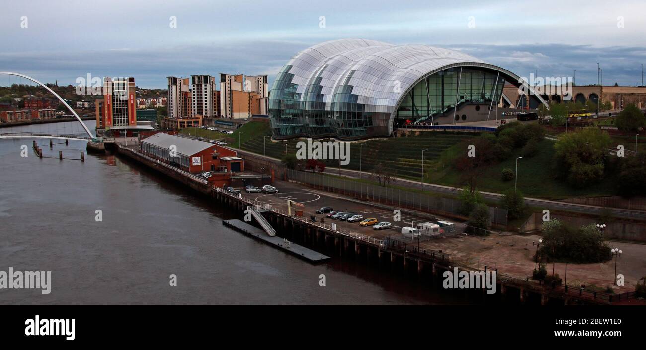 Tyne River, Newcaste upon Tyne, Gateshead, Sage und Flussufer, Abend, NE England, Großbritannien, Brücken, Gateshead Millennium Bridge Stockfoto