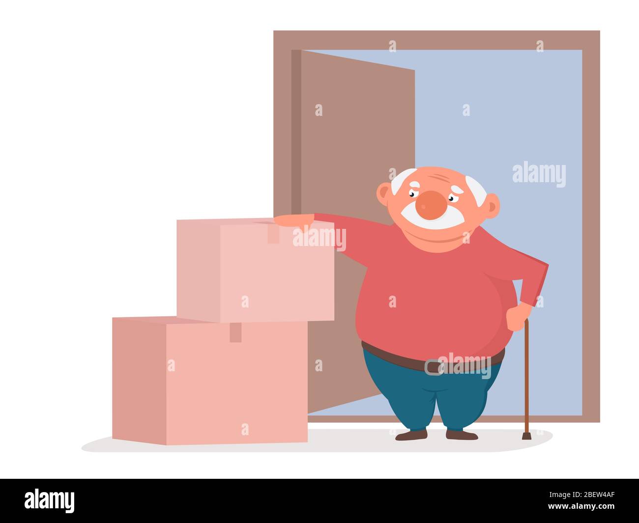 Älterer Mann, der ein Paket in der Nähe seiner Wohnung entgegengenommen hat. Keine Kontaktlieferung während der Pandemie. Stock Vektor