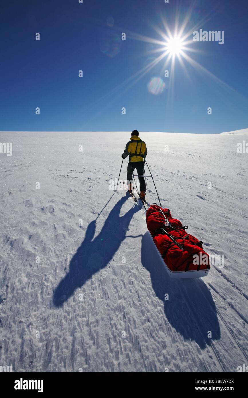 Mann schleppt Expedition Schlitten auf großen Schneefeld auf Langjokull Gletscher Stockfoto