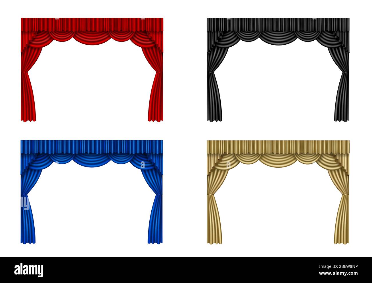 Set aus roten, schwarzen, blauen und goldenen Vorhängen Stockfoto