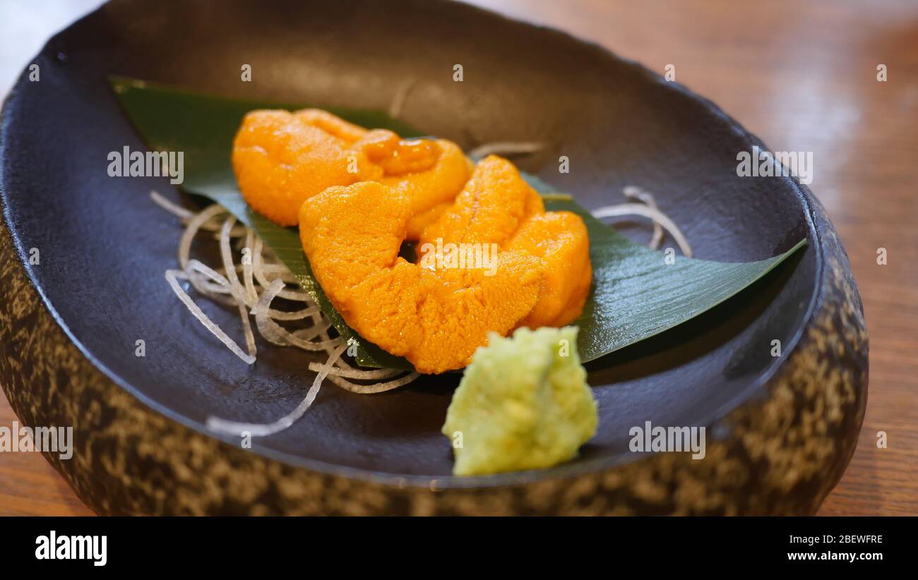 Köstliche orientalische Urchin-Küche und Gerichte Stockfoto