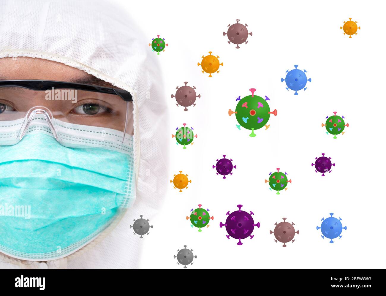 Mann in schützendem PSA-Anzug mit Gesichtsmaske und Brille, Corona-Virus-Konzept Stockfoto