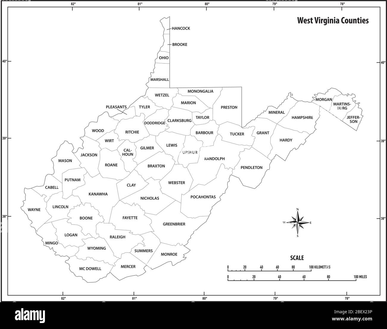 west virginia State Umrisskarte in schwarz und weiß Stock Vektor
