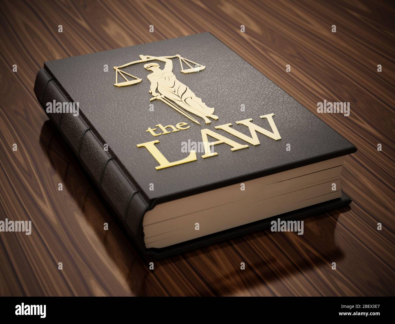 Schwarzes Buch mit dem Titel das Gesetz steht auf dem Holztisch. 3D-Darstellung. Stockfoto