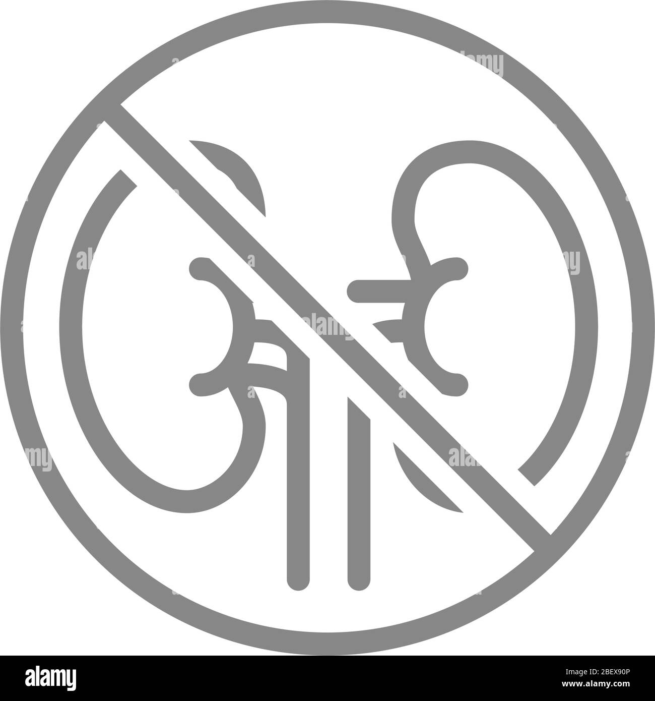 Verbotszeichen mit einem Symbol für die Nierenlinie. Amputation internes Organ, keine Nieren, Transplantationsabstoßung Symbol Stock Vektor