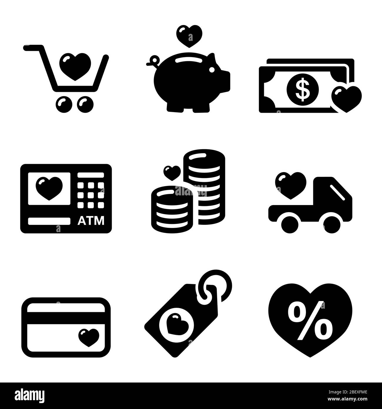 Ich liebe Einkaufen, ich liebe Geld Vektor-Icons Set - Einzelhandel, Merchandise Design Stock Vektor