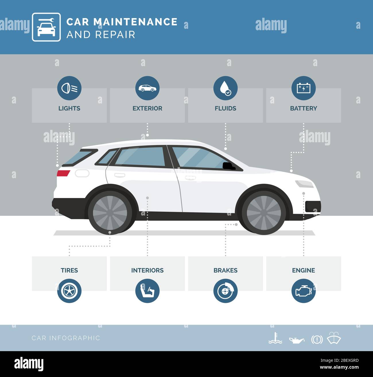 Auto-Wartung und Reparatur mit Fahrzeugteilen und Icons, Automobilindustrie Konzept Stock Vektor