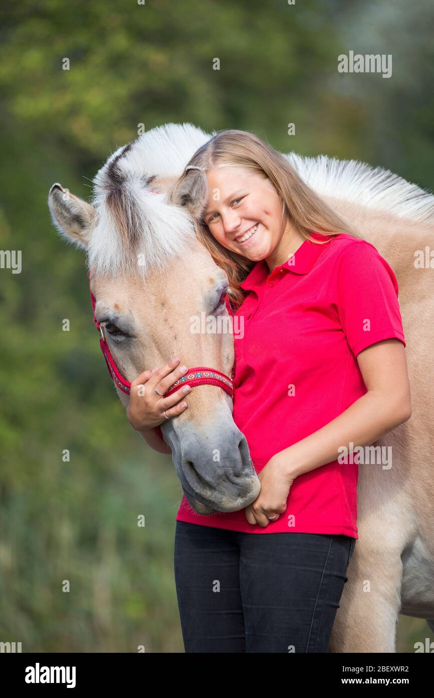 Norwegisches Fjordpferd. Junge Frau, die mit Stute (13 Jahre) glättet. Deutschland Stockfoto