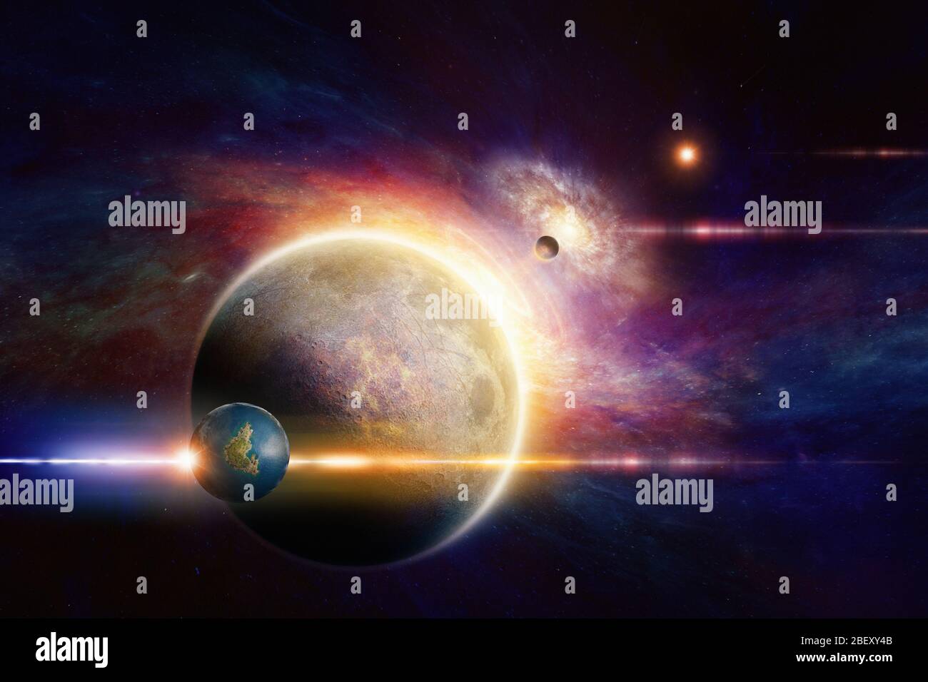 Fantastischer Weltraum Hintergrund - Aliens Planetensystem im tiefen Raum, glühende geheimnisvolle Spiralgalaxie. Elemente dieses Bildes, die von der NASA bereitgestellt wurden Stockfoto
