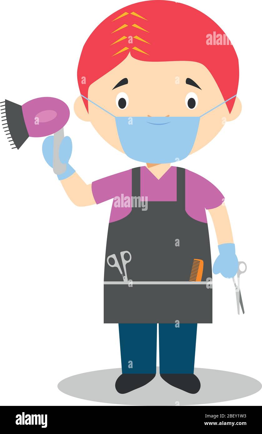 Niedliche Cartoon Vektor-Illustration eines Friseurs mit chirurgischer Maske und Latexhandschuhe als Schutz vor einem gesundheitlichen Notfall Stock Vektor