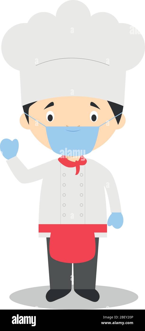 Niedliche Cartoon Vektor-Illustration eines Küchenchefs mit chirurgischer Maske und Latexhandschuhe als Schutz vor einem gesundheitlichen Notfall Stock Vektor