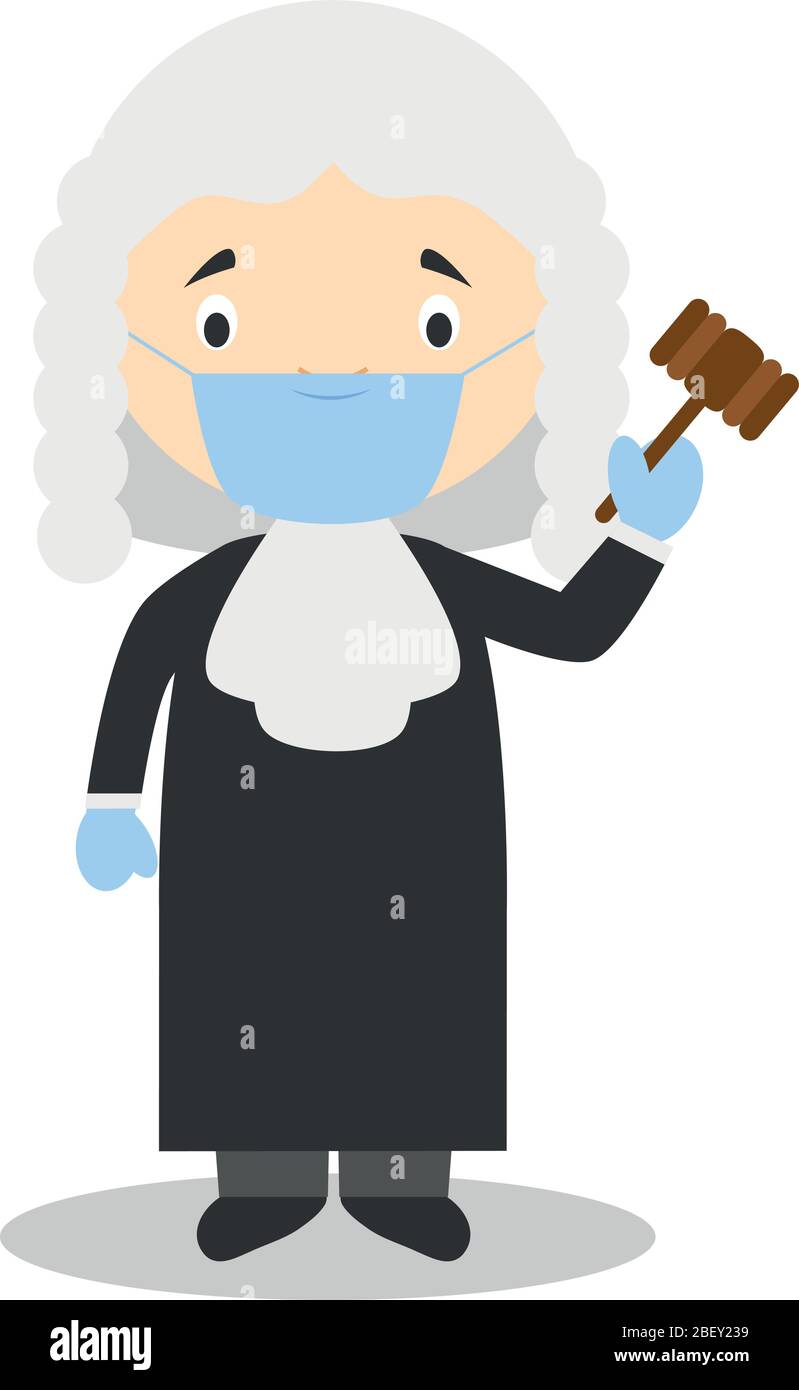Niedliche Cartoon Vektor-Illustration eines Richters mit chirurgischer Maske und Latexhandschuhe als Schutz vor einem gesundheitlichen Notfall Stock Vektor
