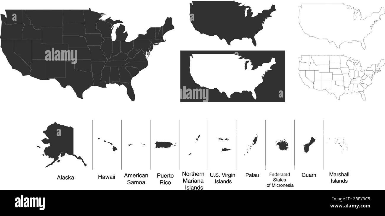 Karte der Vereinigten Staaten von Amerika USA mit Territorien und Inseln. Verschiedene Kartenvarianten für Ihr Design. Stock Vektor Illustration isoliert auf Stock Vektor