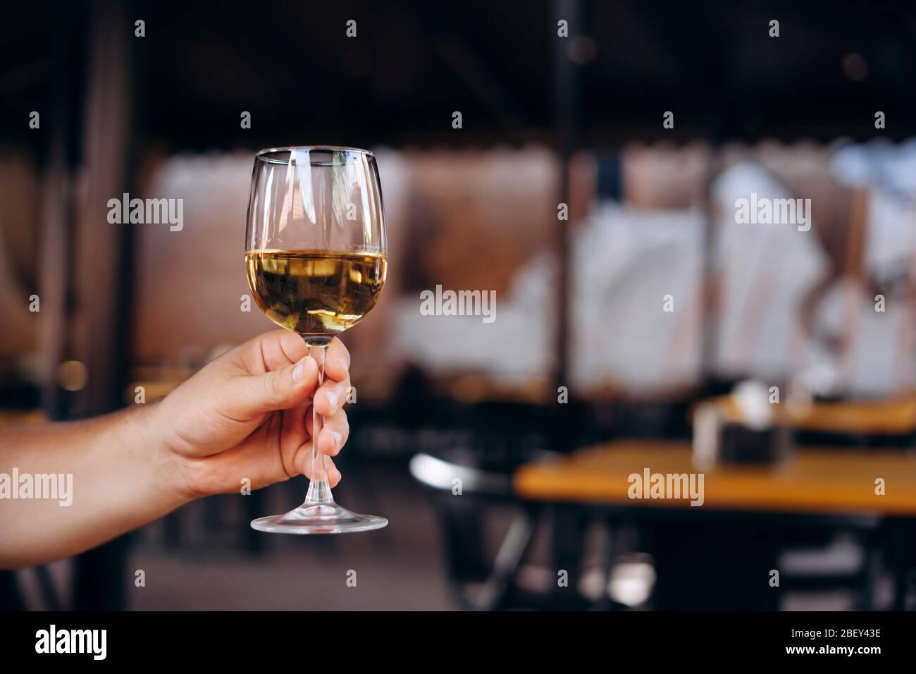 Nahaufnahme der männlichen Hand, die ein Glas Weißwein hält. Glas Weißwein auf dunklem Hintergrund Stockfoto