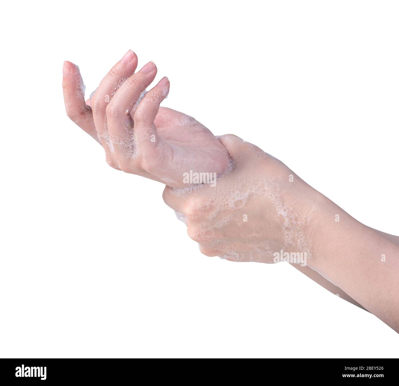 Anleitung zum Händewaschen isoliert auf weißem Hintergrund. Asiatische junge Frau mit flüssiger Seife, Konzept zum Schutz Pandemie Coronavirus, Nahaufnahme. Stockfoto