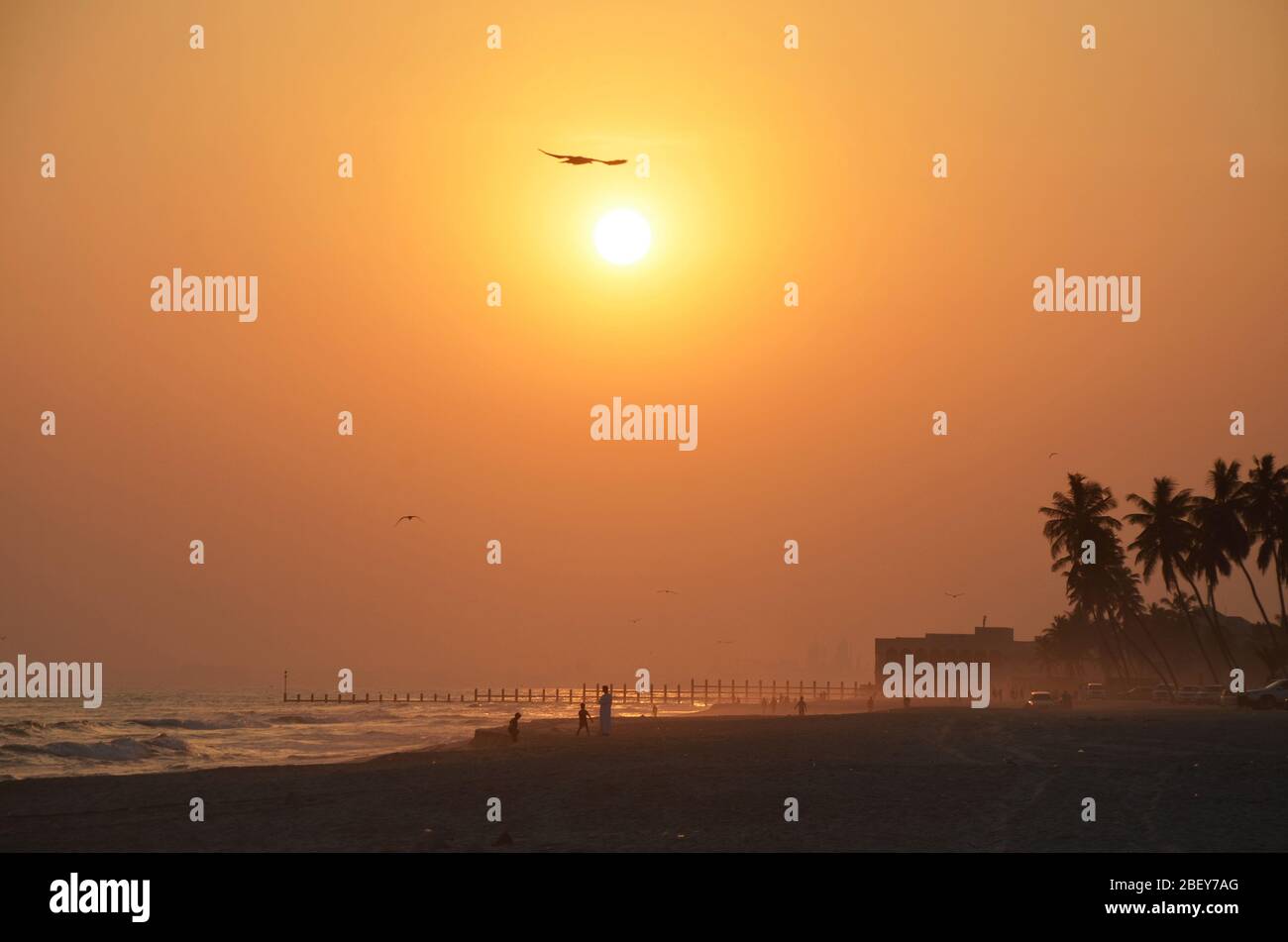 Idyllischer Sonnenuntergang am tropischen Strand in Salalah Oman Stockfoto