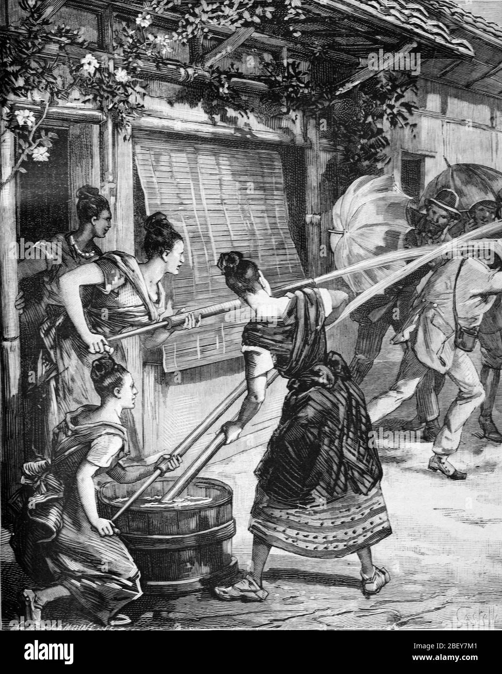 Frühlingsfest, Karneval oder Holi Festivitie in Burma oder Myanmar. Vintage oder Alte Illustration oder Gravur 1888 Stockfoto