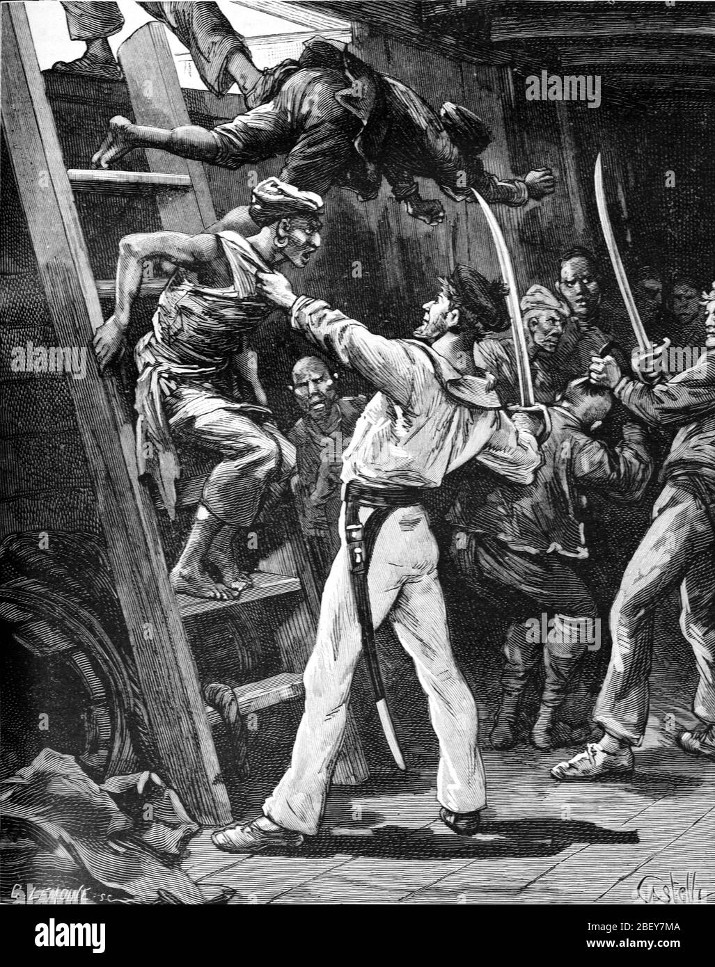 Malaysische Piratenangriffsschiff in der Straße von Malakka oder in der Straße von Malakka zwischen Malaysia und Indonesien. Vintage oder Alte Illustration oder Gravur 1888 Stockfoto