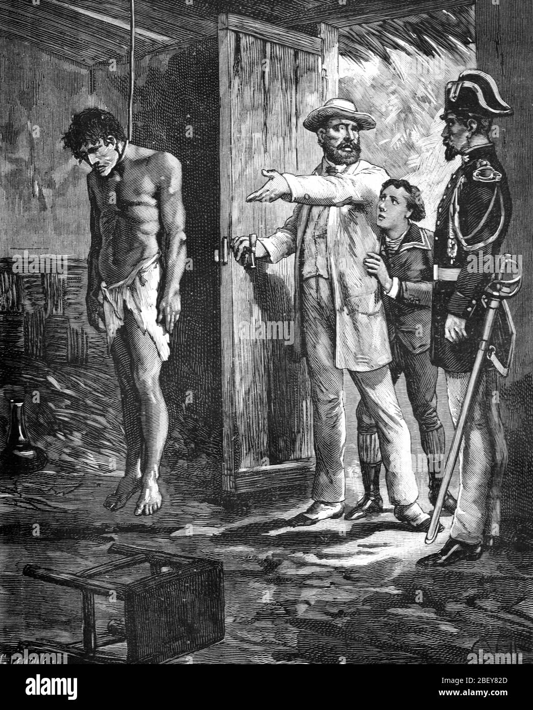 Indischer Immigrant oder indentured Arbeiter Selbstmord durch Hanging in La Reunion oder den französischen Kolonien. Vintage oder Alte Illustration oder Gravur 1888 Stockfoto