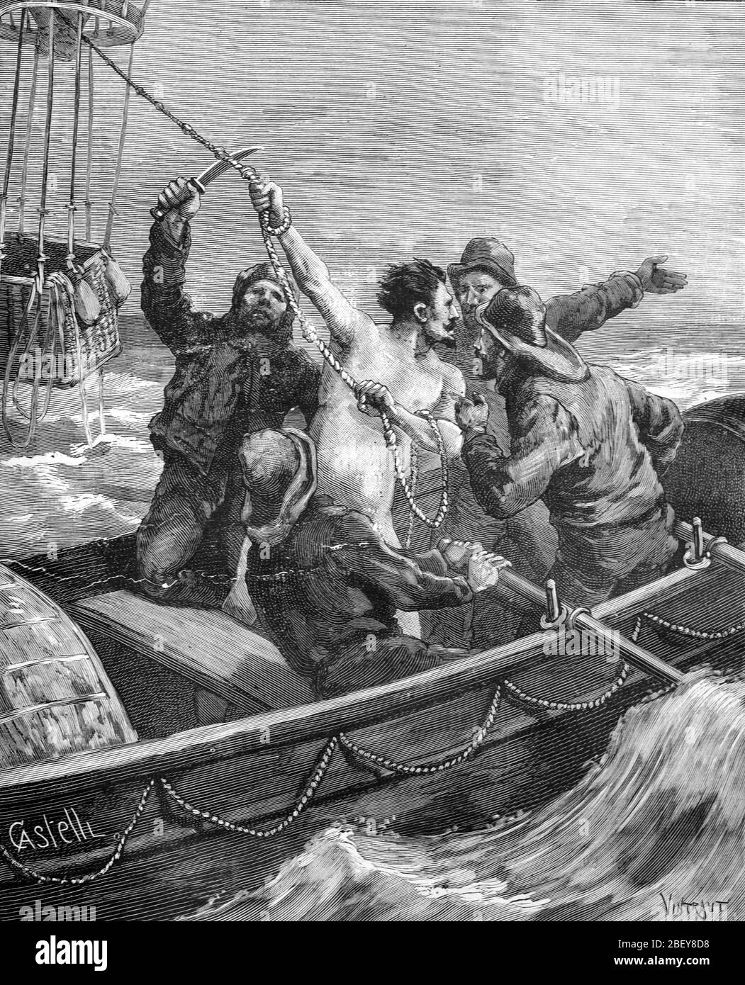Frühe Ballonfahrer entfliehen aus dem abstürzte Ballon in Sea & gerettet mit dem Rettungsboot. Vintage oder Alte Illustration oder Gravur 1888 Stockfoto