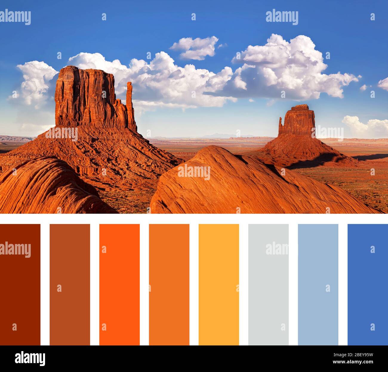 Die ikonischen Mitten Butte Felsformationen des Monument Valley, in einer Farbpalette mit kostenlosen Farbfeldern Stockfoto