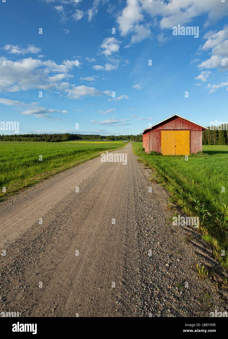 Straßenrand Werkzeugschuppen an einer leeren Straße, die durch Ackerland in der finnischen Landschaft führt , Finnland Stockfoto