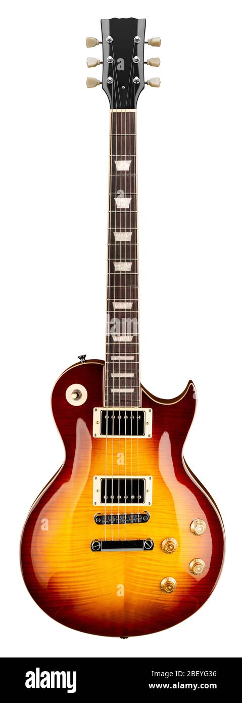 Klassische Vintage-Form Hard Rock E-Saite Gitarre mit apfel rot gelb dunkelbraun sunburst Finish isoliert auf weißem Hintergrund. Musik Jazz blau Stockfoto