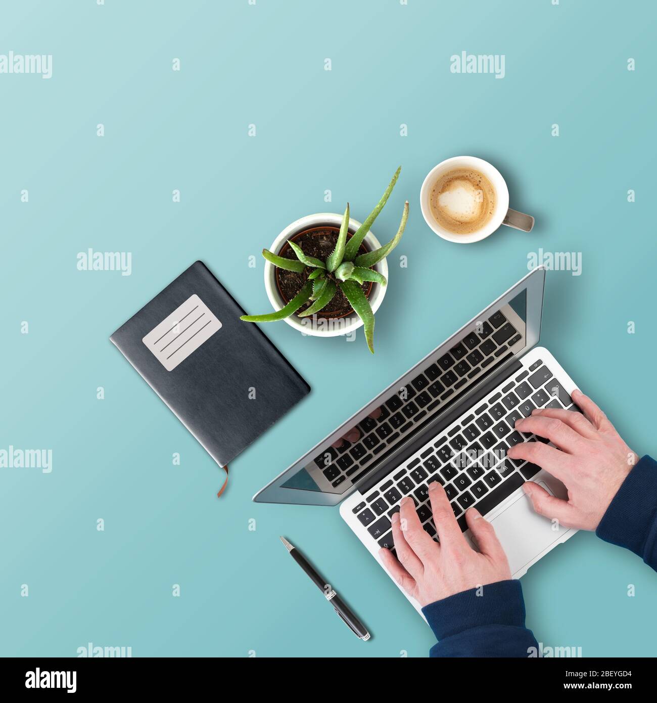 Arbeiten zu Hause und Home Office-Konzept, Draufsicht der Person, die auf Laptop-Computer auf dem Schreibtisch mit Topfpflanze, Notizblock und Kaffeebecher tippen Stockfoto