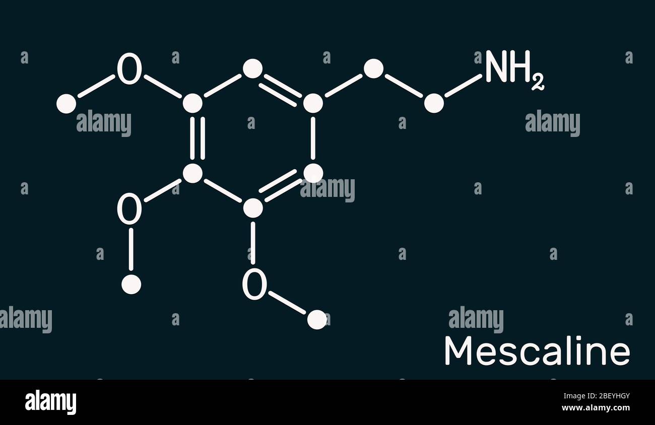 Meskalin-Molekül. Es ist halluzinogen, psychedelisch, Phenethylamin Alkaloid. Skelett chemische Formel auf dem dunkelblauen Hintergrund. Abbildung Stockfoto
