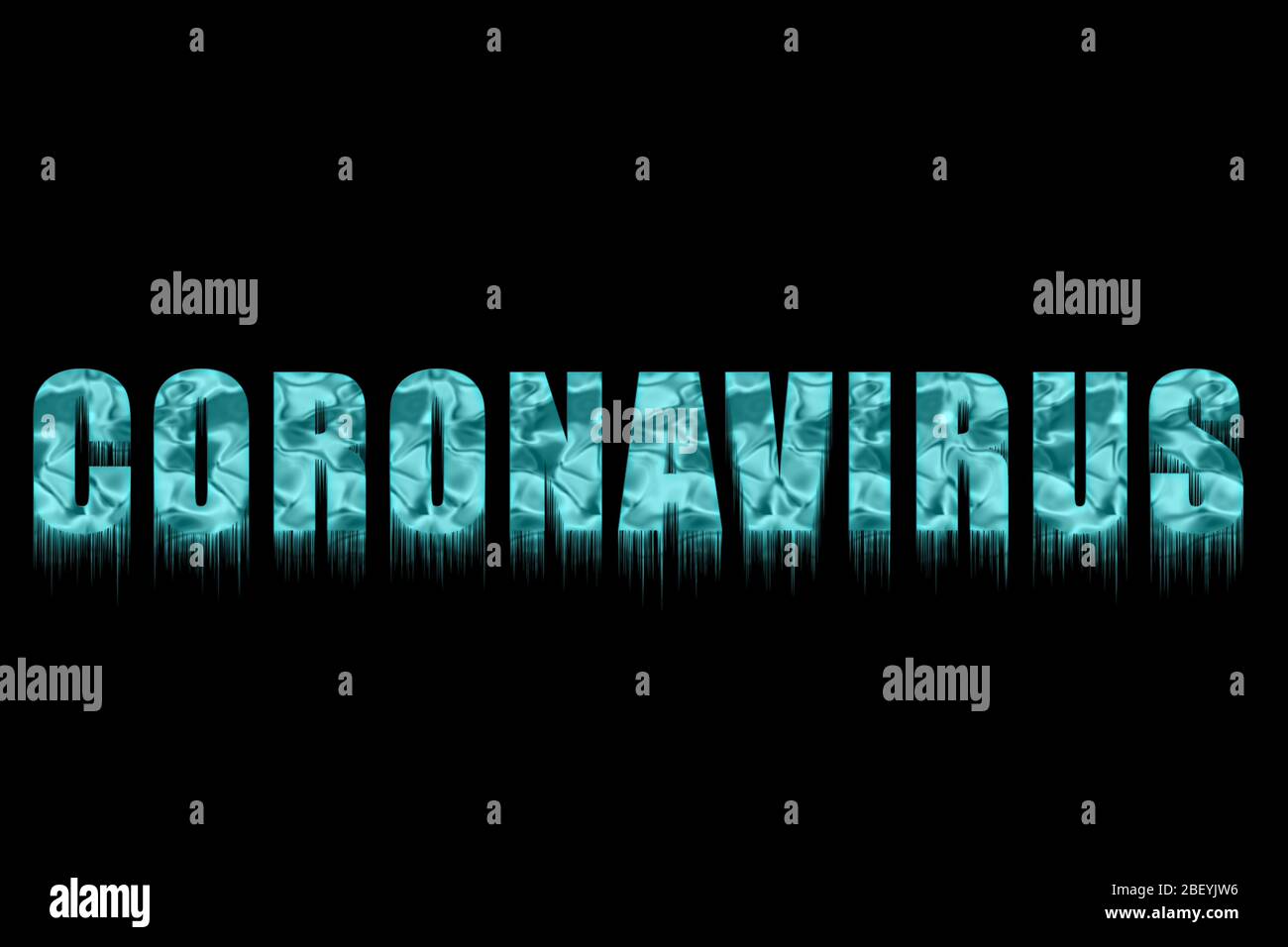 Konzept Coronavirus auf dem schwarzen Hintergrund. Dekorativer gefrorener Text - Coronavirus - mit Eiszapfen. Stockfoto