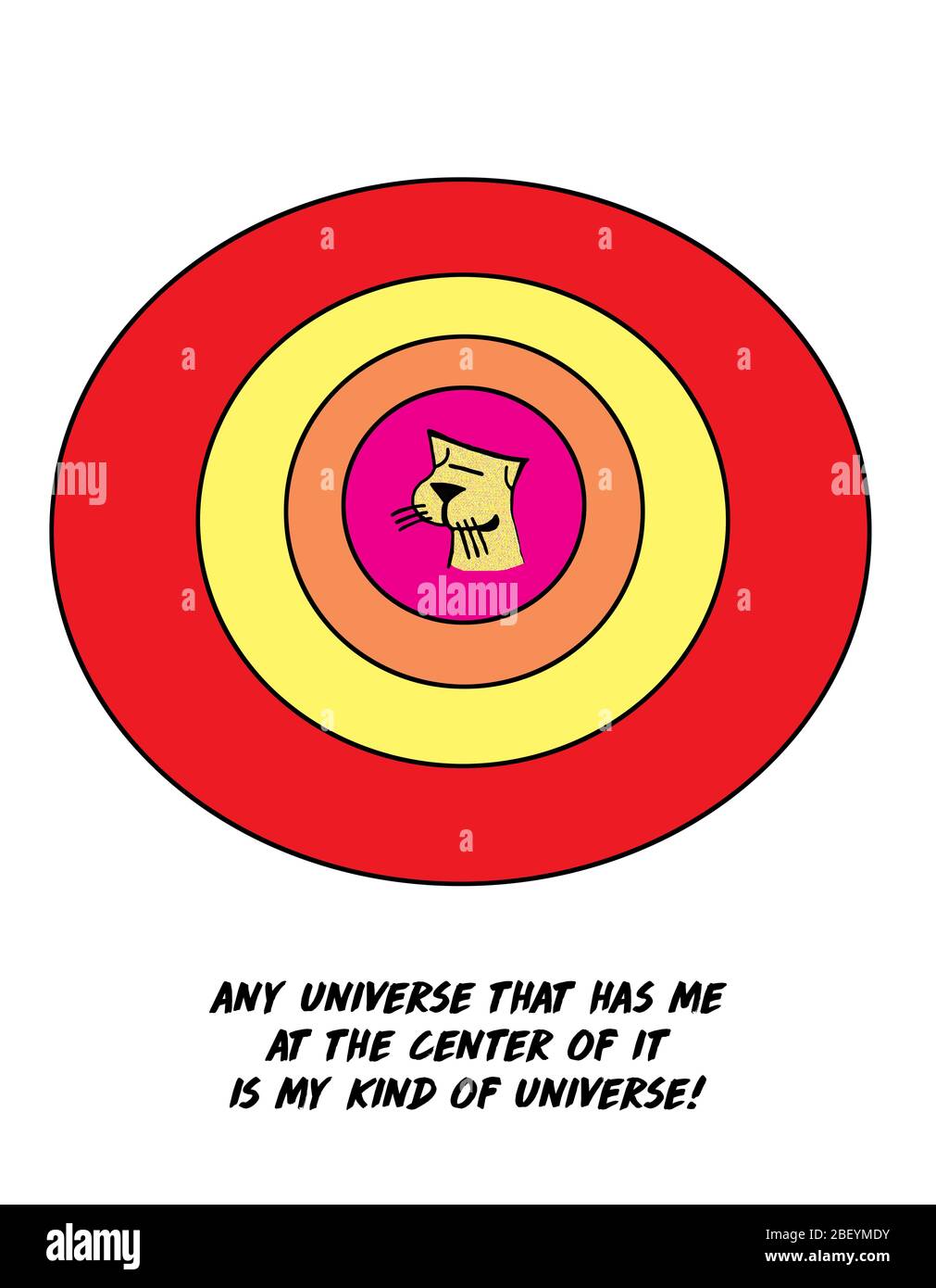 Farbe Cartoon zeigt eine Katze in der Mitte von mehreren Ringen und glücklich, weil er in der Mitte des Universums ist. Stockfoto