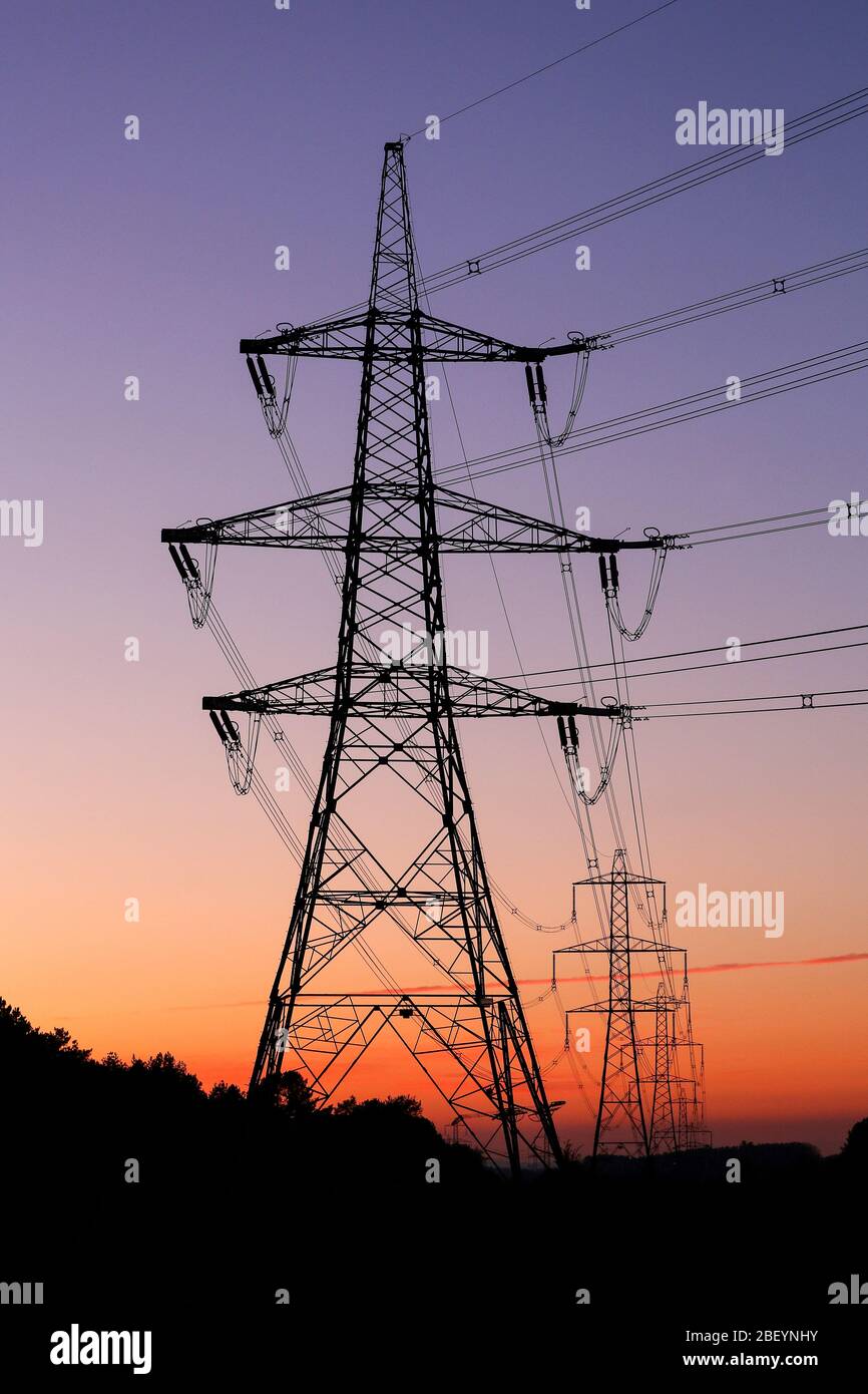 Reihe von Strommasten bei Sonnenuntergang. Stockfoto
