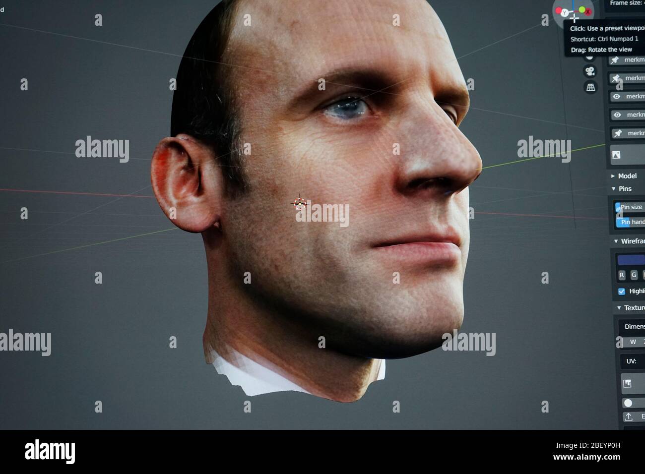 Vermessung eines Portraits von Emmanuel Macron zur Herstellung eines 3d Modells und Avatars (nur für redaktionelle Verwendung. No Werbung. Referen Stockfoto