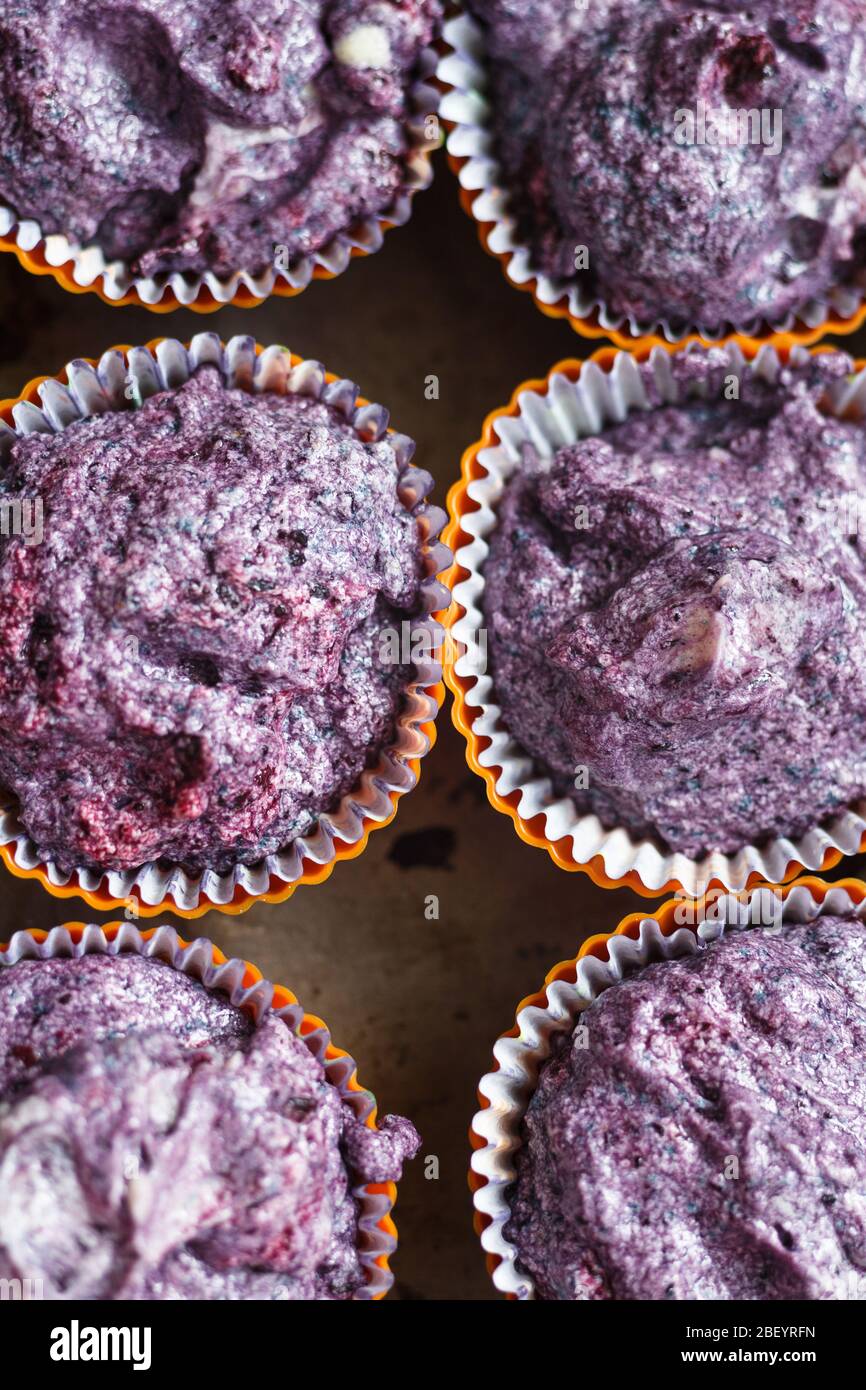 Bereiten Sie glutenfreie Heidelbeere Muffin. Raw lila Teig in Backformen Stockfoto