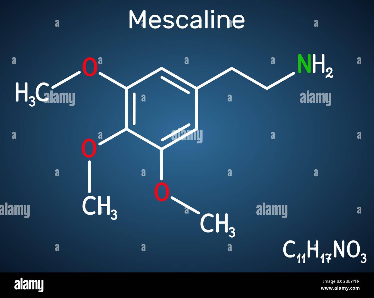 Meskalin-Molekül. Es ist halluzinogen, psychedelisch, Phenethylamin Alkaloid. Strukturelle chemische Formel auf dem dunkelblauen Hintergrund. Vektorillus Stock Vektor