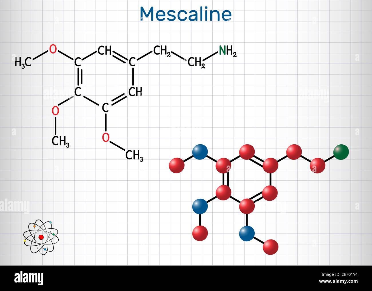 Meskalin-Molekül. Es ist halluzinogen, psychedelisch, Phenethylamin Alkaloid. Strukturelle chemische Formel und Molekülmodell. Blatt Papier in a c Stock Vektor