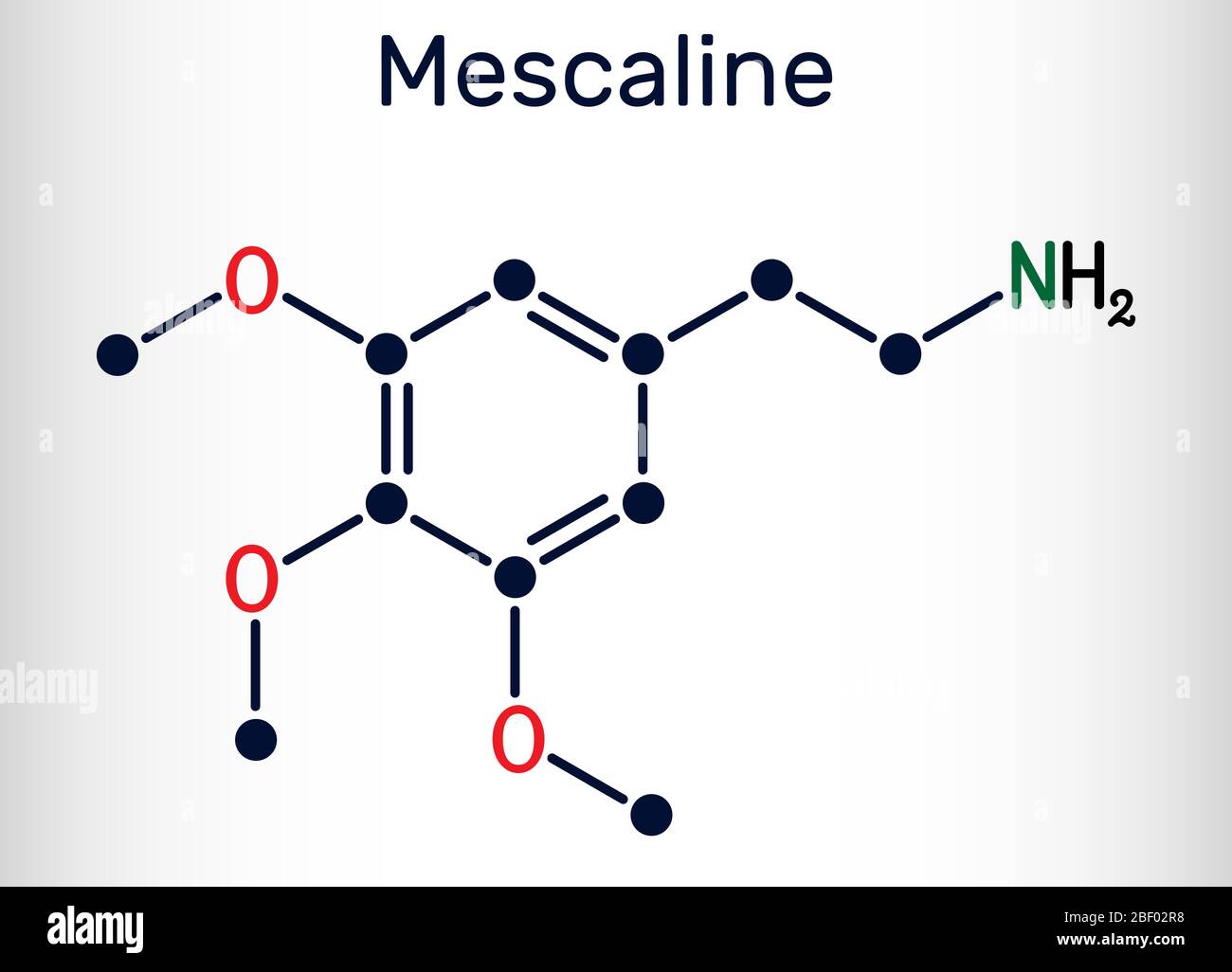 Meskalin-Molekül. Es ist halluzinogen, psychedelisch, Phenethylamin Alkaloid. Chemische Formel. Vektorgrafik Stock Vektor