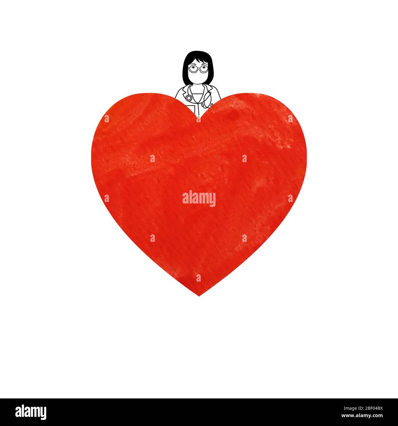 Frau Arzt mit Maske und Handschuhe hinter rot Aquarell Herz. Schwarze Umrandung auf weißem Hintergrund. Corona Krisendarstellung kann in Grußkarten, Plakaten, Flyern, Bannern, Werbeaktionen verwendet werden Stockfoto