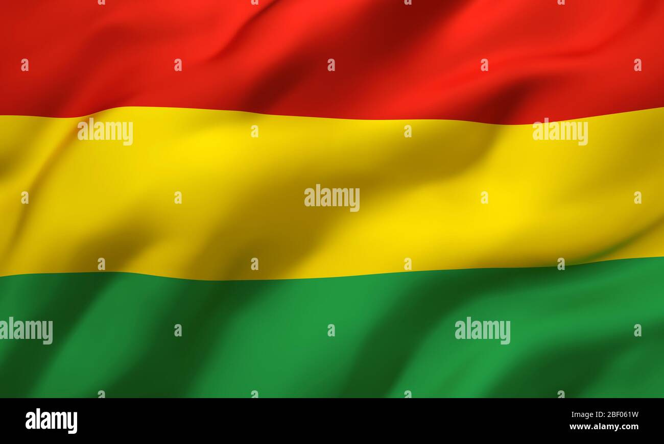 Flagge Boliviens im Wind. Ganze Seite Bolivianische Flugflagge. 3D-Darstellung. Stockfoto
