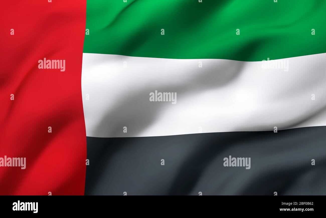 Flagge der Vereinigten Arabischen Emirate weht im Wind. Ganze Seite Emirates Flying Flag. 3D-Darstellung. Stockfoto