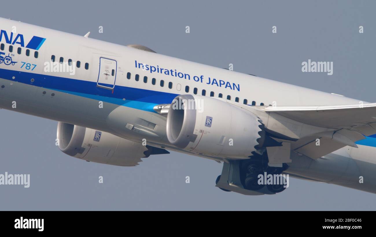 ANA Boeing Abflug aus Hongkong Stockfoto