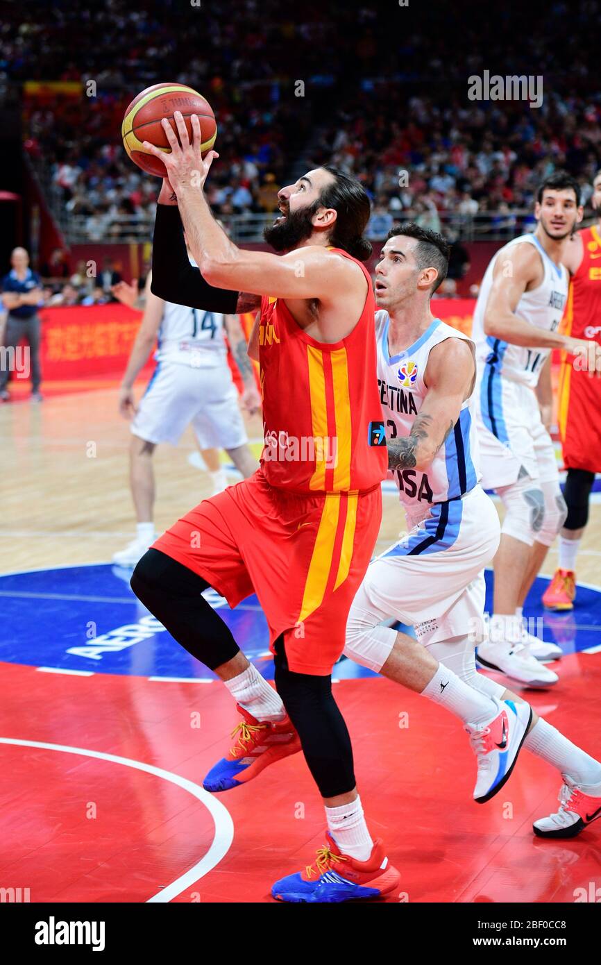 Ricky Rubio (Spanien) gegen Argentinien. FIBA Basketball Wm China 2019, Finale Stockfoto