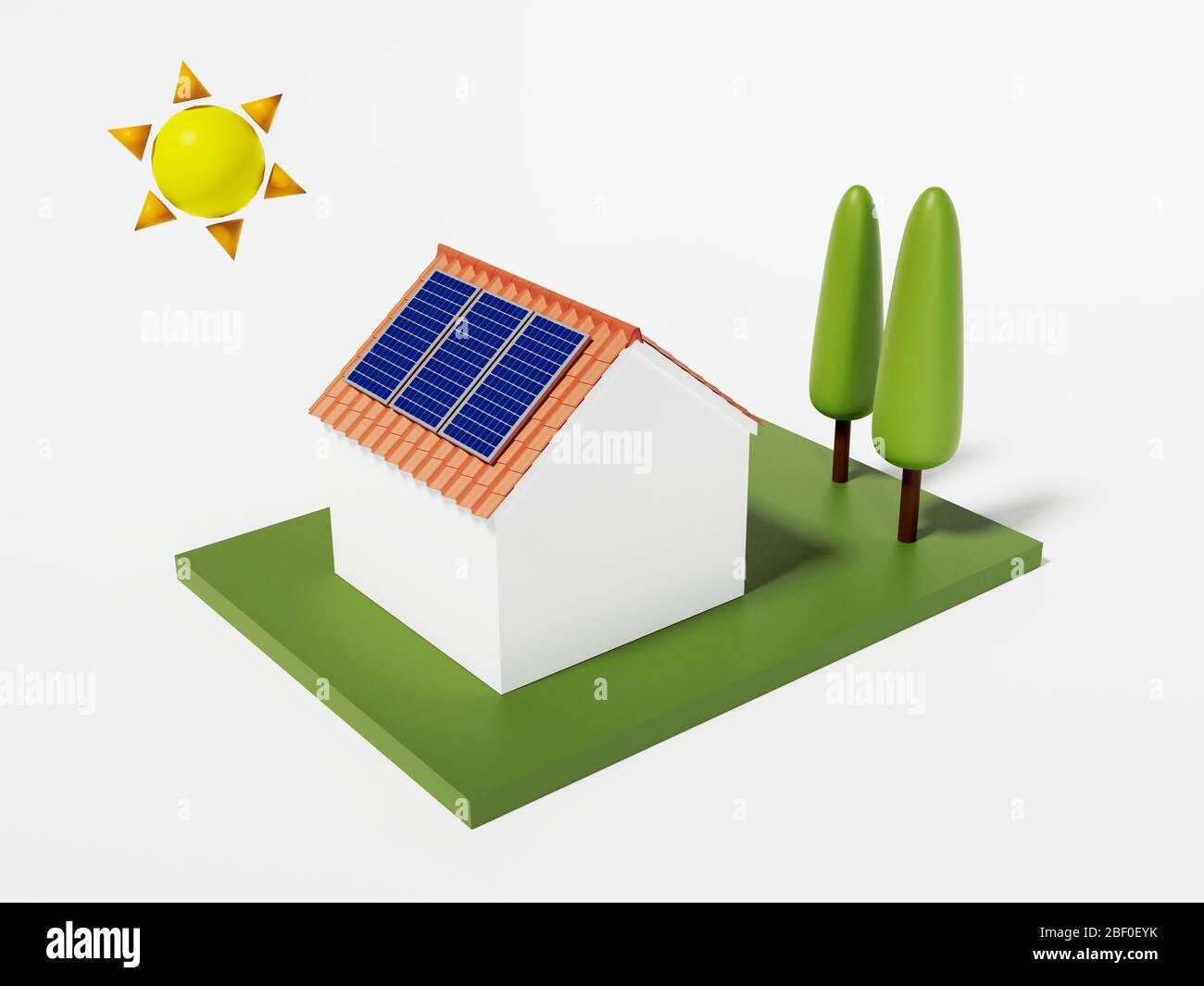 Haus mit Sonnenkollektoren. Logo-Konzept. 3D-Rendering. Stockfoto