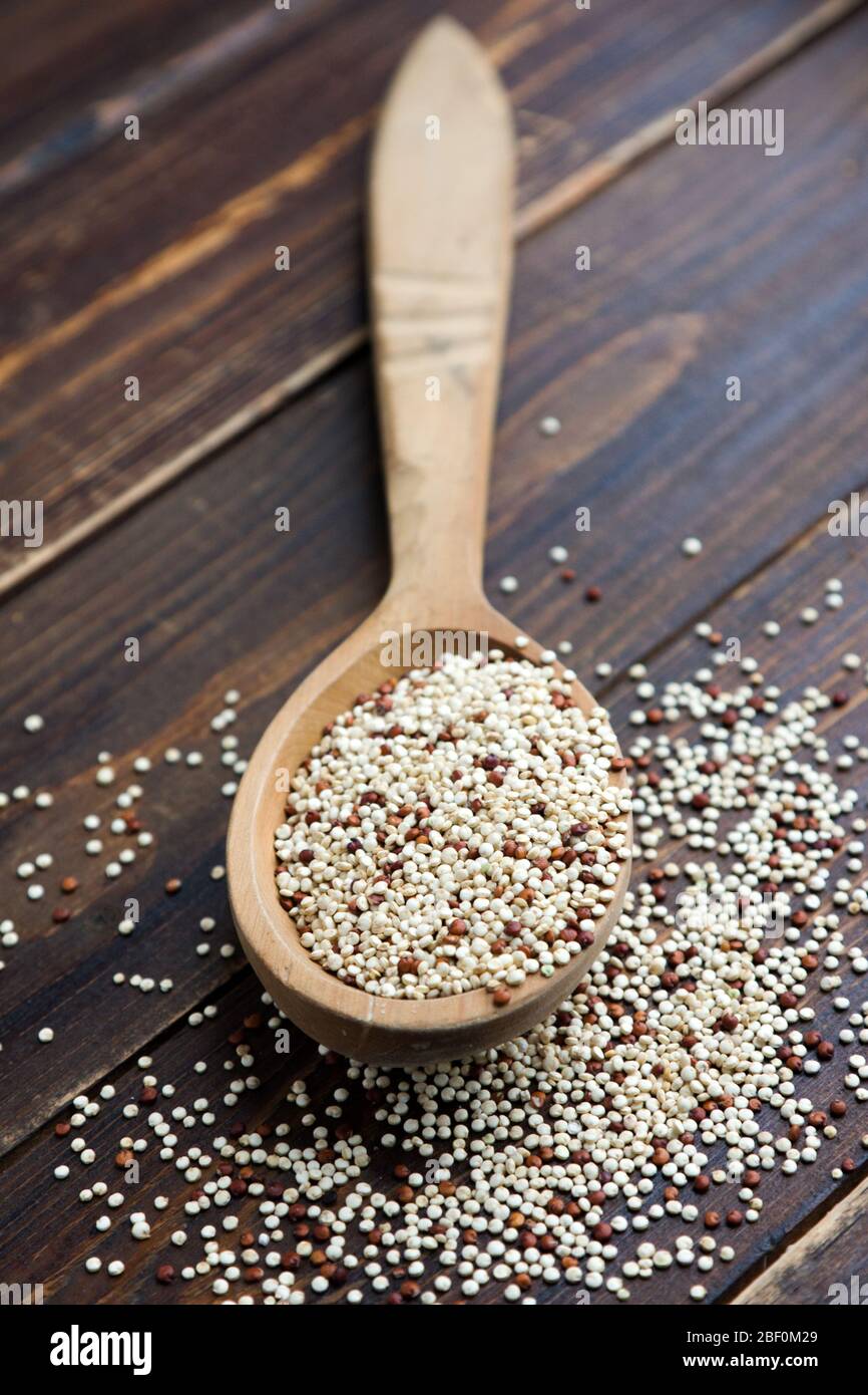Bio Quinoa Körner in Holzlöffel, Glutenfrei. Konzept gesunde Ernährung. Ernährung. Samen von Chenopodium quinoa Stockfoto