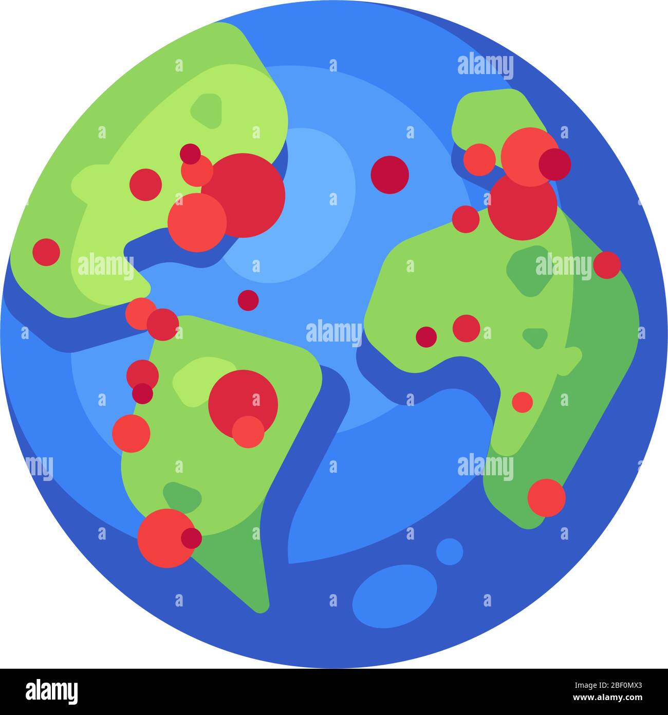 Erde mit roten Punkten, die das flache Symbol für die Virusverbreitung zeigen. SARS-CoV-2 neuartige Darstellung des globalen Coronavirus-Pandemiediagramvektors Stock Vektor