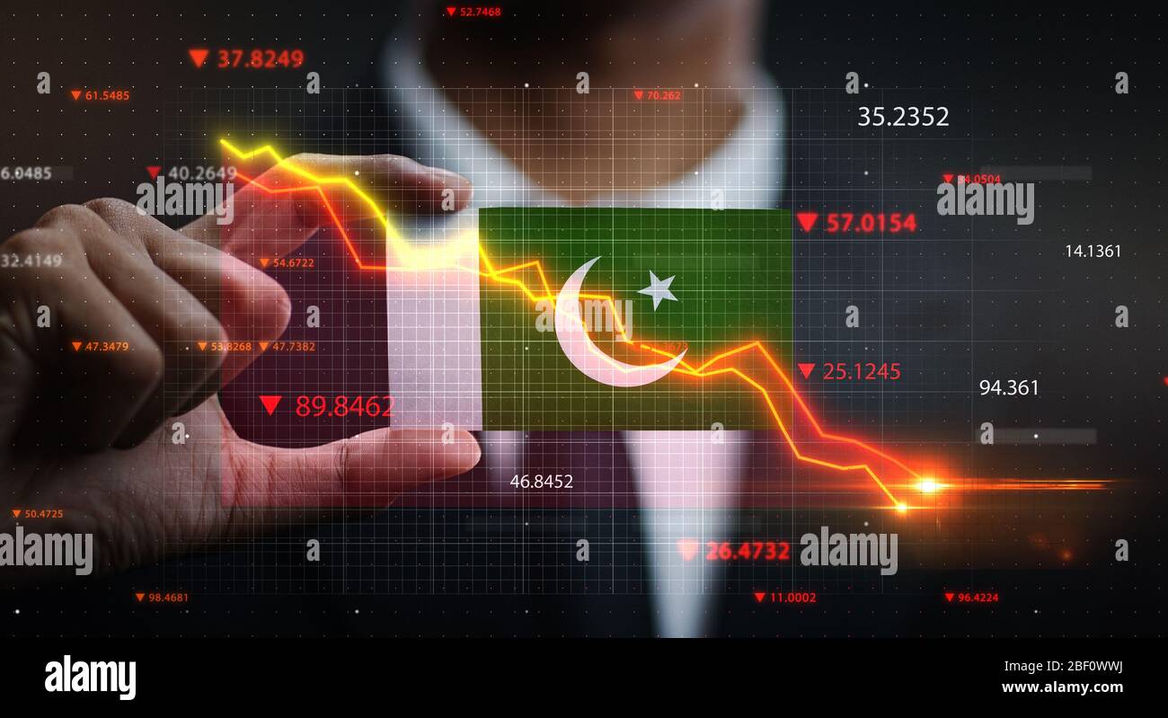 Grafik fällt vor Pakistan Flagge. Krisenkonzept Stockfoto