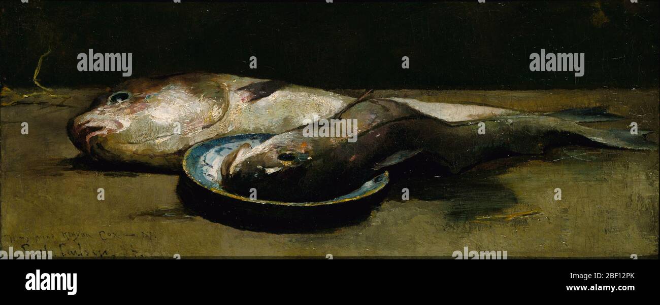 Schellfisch. Diese rutschigen Schellfisch sind frisch aus dem Meer und bereit zum Kochen. Emil Carlsens Gemälde ist eines von einer Reihe von Stillleben, die Wild, Fisch und Haushaltsgeräte zeigen. Stockfoto