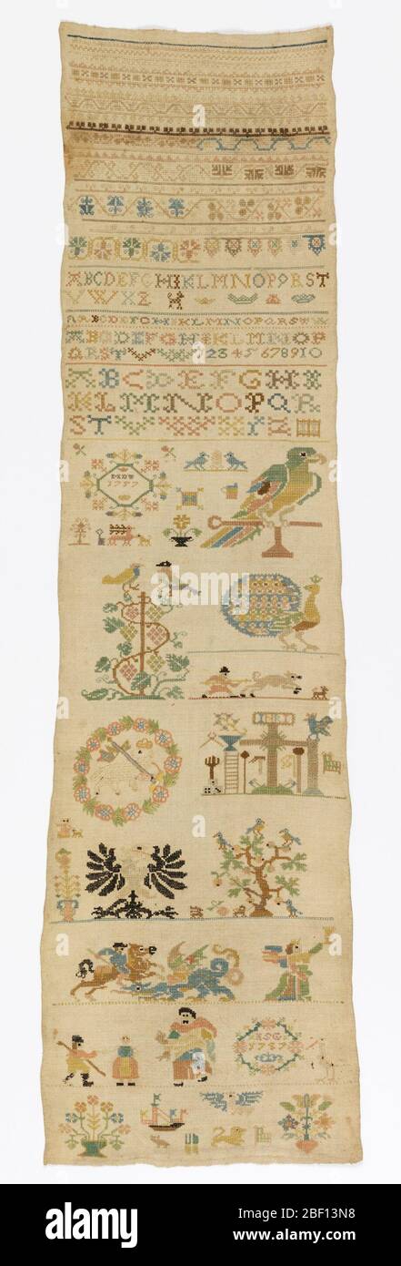 Probenehmer. Kreuzrahmen mit geometrischen und floralen Mustern, Alphabeten, Ziffern; im Panel sind zwei Medaillons mit den Initialen 'MDF' und 'ISG' und dem Datum '1757'. Auch Funktionen Kreuzigung, Pascal Lamb, St. Georg und der Drache und verschiedene Tiere. Stockfoto