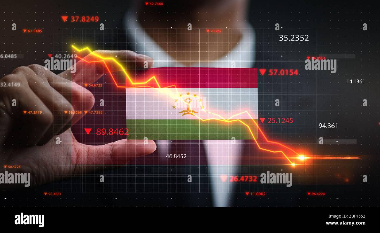 Grafik fällt vor Tadschikistan Flagge. Krisenkonzept Stockfoto